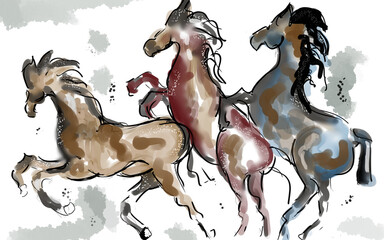 abstract watercolour illustration of three horse figures © Juan