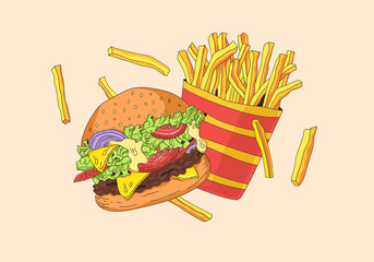 Hot hamburger with potato fries 