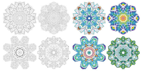 Hand drawn zentangle set of 4 mandalas for coloring page. Color and outline set