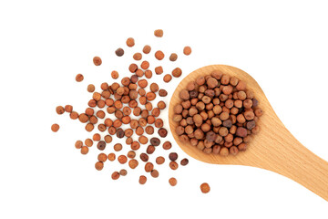 Carlin peas health food in a wooden spoon & loose on white background. Very high in protein, low in fat, high in fibre, antioxidants & anthocyanins with low GI. Flat lay, top view.