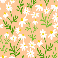 Fototapeta premium Chamomile and daisy seamless pattern. Wildflower print design with hand drawn flowers on dark background. Simple field floral pattern for packaging, fabric design. Blossom ornament.