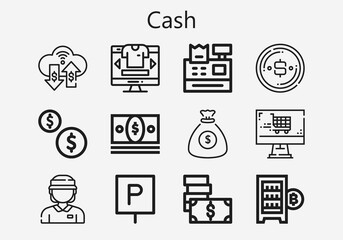 Premium set of cash [S] icons. Simple cash icon pack. Stroke vector illustration on a white background. Modern outline style icons collection of Money, Dollar, Cash register, Coins, Online shop
