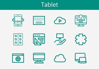 Premium set of tablet line icons. Simple tablet icon pack. Stroke vector illustration on a white background. Modern outline style icons collection of Clinic, Responsive, Cloud computing