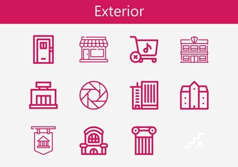 Premium set of exterior line icons. Simple exterior icon pack. Stroke vector illustration on a white background. Modern outline style icons collection of Mall, Office building, Bank