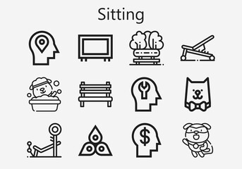 Premium set of sitting [S] icons. Simple sitting icon pack. Stroke vector illustration on a white background. Modern outline style icons collection of Bench, Chakra, Mind, Cat, Big screen, Dog