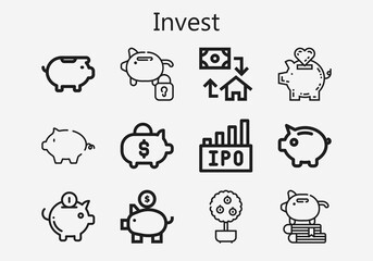 Premium set of invest [S] icons. Simple invest icon pack. Stroke vector illustration on a white background. Modern outline style icons collection of Money tree, Mortgage, Piggy bank, Ipo