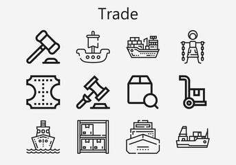 Premium set of trade [S] icons. Simple trade icon pack. Stroke vector illustration on a white background. Modern outline style icons collection of Slavery, Cargo ship, Cargo, Auction, Leather