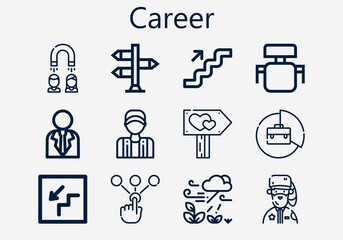 Premium set of career [S] icons. Simple career icon pack. Stroke vector illustration on a white background. Modern outline style icons collection of Choice, Briefcase, Growth, Park ranger, Signpost