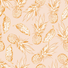 Retro hand drawn pineapple and  summer foliage with vintage texture seamless pattern vector EPS10,Design for fashion , fabric, textile, wallpaper, cover, web , wrapping and all prints