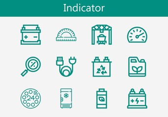 Premium set of indicator line icons. Simple indicator icon pack. Stroke vector illustration on a white background. Modern outline style icons collection of Dial, Freezer, Percentage, Gasoline