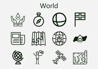 Premium set of world [S] icons. Simple world icon pack. Stroke vector illustration on a white background. Modern outline style icons collection of Earth grid, Blood donation, News, Satellite