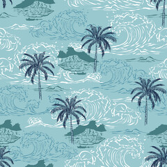 Beautiful seamless pattern island ,Big wave on vintage ocean blue background. Landscape with palm trees,beach ,mountain and ocean vector © MSNTY_STUDIOX