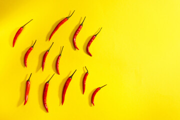 Chili peppers on a yellow background. Spicy chili peppers. copy space