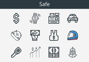 Premium set of safe line icons. Simple safe icon pack. Stroke vector illustration on a white background. Modern outline style icons collection of Safety car, Money, Helmet, Dollar, Cash register