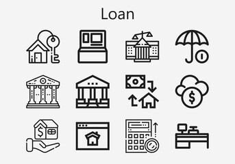 Premium set of loan [S] icons. Simple loan icon pack. Stroke vector illustration on a white background. Modern outline style icons collection of Courthouse, Homepage, Mortgage, House key, Budget