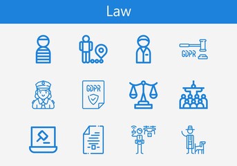 Fototapeta na wymiar Premium set of law line icons. Simple law icon pack. Stroke vector illustration on a white background. Modern outline style icons collection of Mass, Restriction, Auction, Prisioner, Policeman