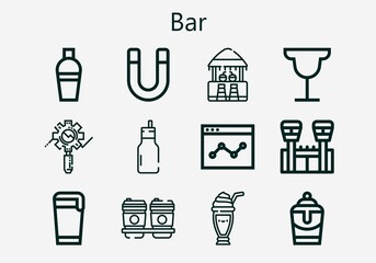 Premium set of bar [S] icons. Simple bar icon pack. Stroke vector illustration on a white background. Modern outline style icons collection of Bar, Shaker, Milkshake, Magnet, Cocktail, Stats