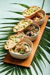 Mazeh appetizers set with hummus labneh and baba ganoush