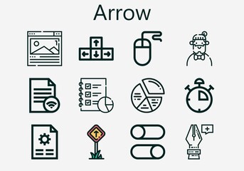 Premium set of arrow [S] icons. Simple arrow icon pack. Stroke vector illustration on a white background. Modern outline style icons collection of Anchor point, Hipster, Mouse, Stop watch, Switches