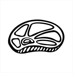 Grilled meat steak icon for web design isolated on white background. Hand drawn, doodle style. Beef or pork with grill strips. Black simple illustration. Vector pictogram