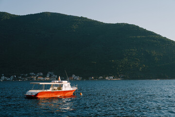 A walking red motor boat with an awning from the sun near the coast of the city of Perast floats on the water.
