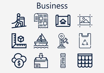 Premium set of business [S] icons. Simple business icon pack. Stroke vector illustration on a white background. Modern outline style icons collection of Hammer, Roof, Newspaper, House plan, Cube