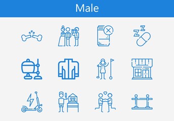 Fototapeta premium Premium set of male line icons. Simple male icon pack. Stroke vector illustration on a white background. Modern outline style icons collection of Broken bone, Shop, Jacket, Sleeping, Scooter