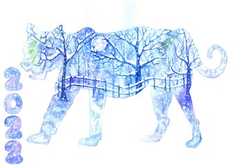 Obraz premium watercolor illustration of a tiger silhouette with a snowy forest with trees and a fence on it. The symbol of 2022 is the blue water tiger. New Year and Christmas card.Winter landscape