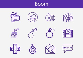 Premium set of boom line icons. Simple boom icon pack. Stroke vector illustration on a white background. Modern outline style icons collection of Superhero, Speech bubble, Dynamite, Dinamite