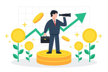 Businessman with telescope stands on coins. The creative concept idea of searching for investment opportunities or making money. Simple trendy cute vector illustration. Modern abstract flat style.