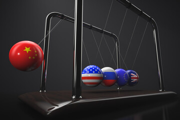 Naklejka premium Newton's pendulum. Balls with the state symbols: China, USA, Russia, European Union, United Kingdom. Geopolitical topics