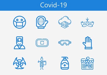 Premium set of covid-19 line icons. Simple covid-19 icon pack. Stroke vector illustration on a white background. Modern outline style icons collection of Biohazard, Glove, Gloves, Stop, Mask