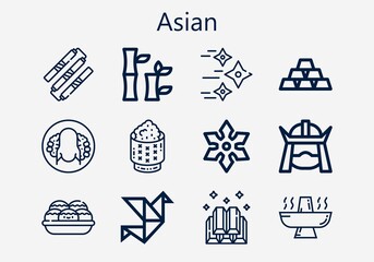 Premium set of asian [S] icons. Simple asian icon pack. Stroke vector illustration on a white background. Modern outline style icons collection of Origami, Nunchaku, Shuriken, Samurai, Peking duck