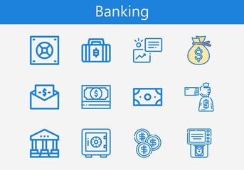 Premium set of banking line icons. Simple banking icon pack. Stroke vector illustration on a white background. Modern outline style icons collection of Coin, Money, Courthouse