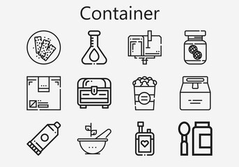 Premium set of container [S] icons. Simple container icon pack. Stroke vector illustration on a white background. Modern outline style icons collection of Chocolate bar, Chest, Mailbox, Glue