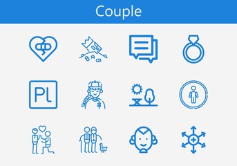 Premium set of couple line icons. Simple couple icon pack. Stroke vector illustration on a white background. Modern outline style icons collection of Prelude, Restroom, Broken heart