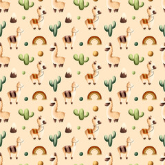 llama and alpaca. set of textile seamless patterns African animals, cactus, cloud, mountains, rainbow