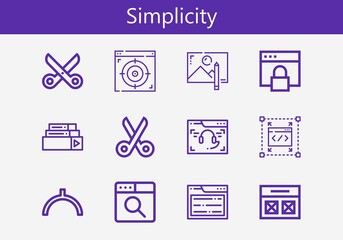 Premium set of simplicity line icons. Simple simplicity icon pack. Stroke vector illustration on a white background. Modern outline style icons collection of Drawing, Noon, Scissors, Browser