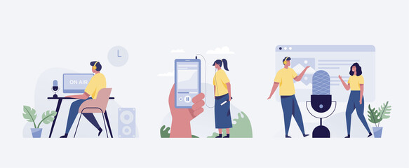 Podcast concept. Hand holding a smartphone with Young women. Blogger vlogger people streaming with camera and microphone, podcasting for audience.