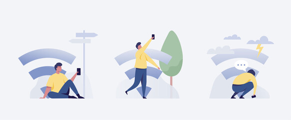 Fototapeta premium .Young man looking for a wifi signal outdoors. Vector illustration