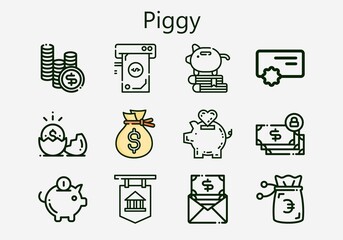 Premium set of piggy [S] icons. Simple piggy icon pack. Stroke vector illustration on a white background. Modern outline style icons collection of Money, Bank, Piggy bank, Reward