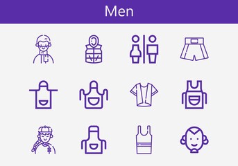 Fototapeta premium Premium set of men line icons. Simple men icon pack. Stroke vector illustration on a white background. Modern outline style icons collection of Jacket, Boxing shorts, Shirt, Apron, Man