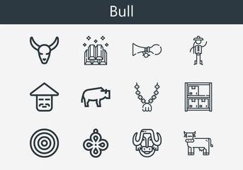 Premium set of bull line icons. Simple bull icon pack. Stroke vector illustration on a white background. Modern outline style icons collection of Horn, Pendant, Bull skull