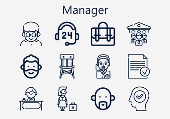 Premium set of manager [S] icons. Simple manager icon pack. Stroke vector illustration on a white background. Modern outline style icons collection of Operator, Receptionist, Done, Organization