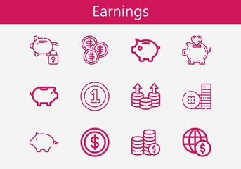 Premium set of earnings line icons. Simple earnings icon pack. Stroke vector illustration on a white background. Modern outline style icons collection of Coin, Coins, Piggy bank