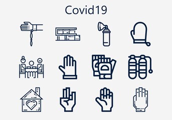 Premium set of covid19 [S] icons. Simple covid19 icon pack. Stroke vector illustration on a white background. Modern outline style icons collection of Oxygen, Gloves, Dinner, Handkerchief, Hand