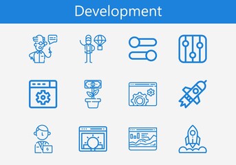 Premium set of development line icons. Simple development icon pack. Stroke vector illustration on a white background. Modern outline style icons collection of Growth, Idea, Scientist, Product release