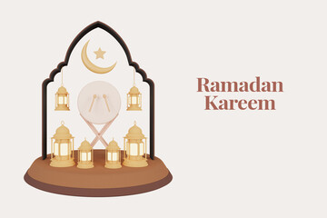 3D rendering Ramadan Kareem and Eid Mubarak greeting cards background with space for your text.