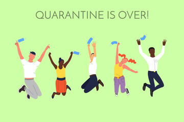 Crowd of young happy smiling multinational diverse people in jumping poses throwing up face masks. With text quarantine is over. Pandemic of covid 19 is over. Back to normal. Stock vector