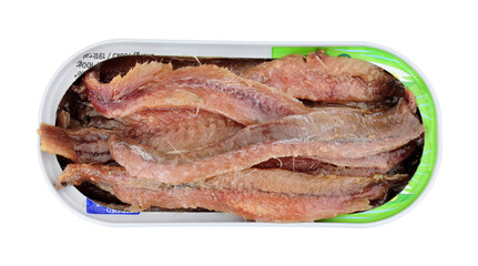 Tinned anchovy fish fillets isolated on a white background